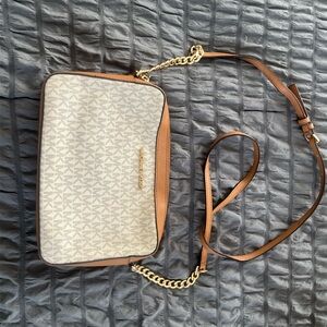 Michael Kors Signature Crossbody in Cream and Brown with Gold Chain